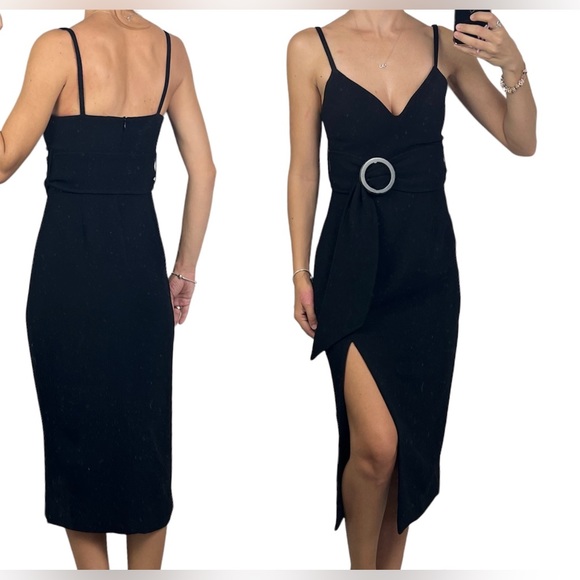 Shona Joy Andrea Fitted Cocktail Dress Black Belt Waist Midi Slit Size S 8 - Picture 4 of 11